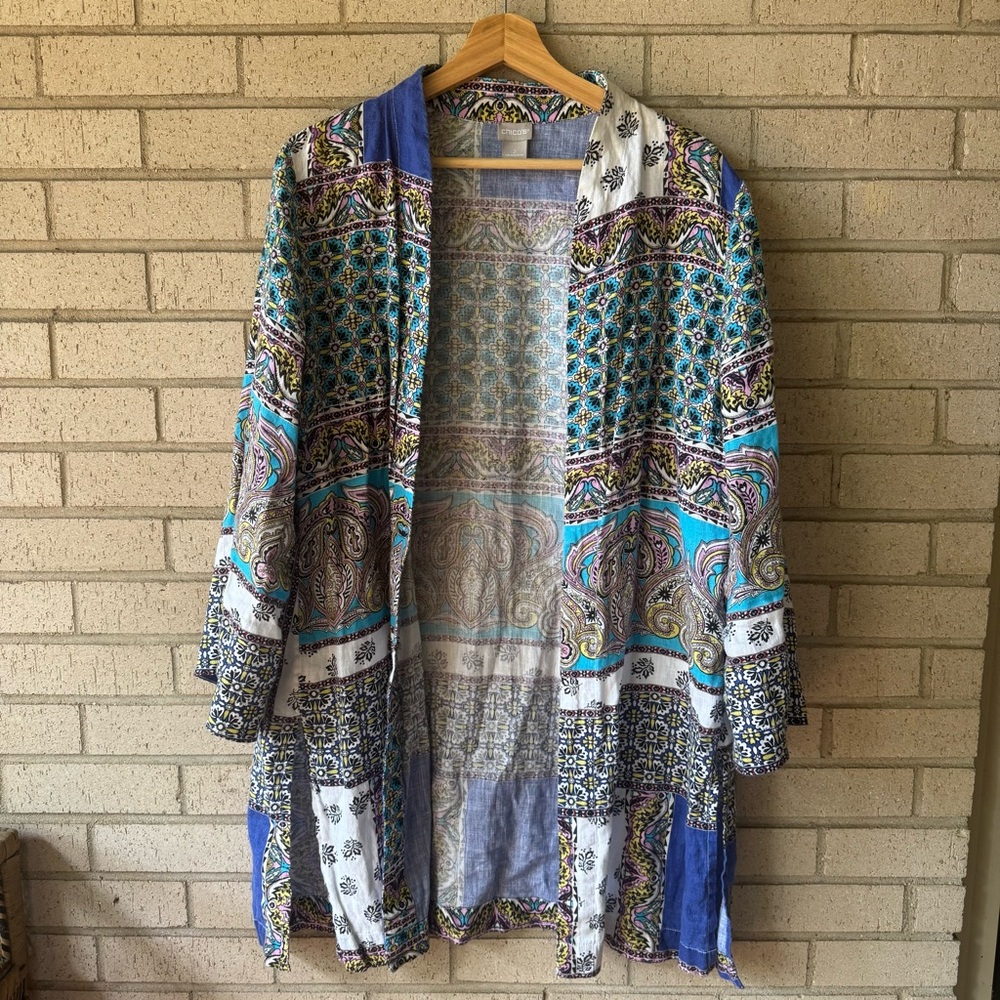 Chico’s Linen Open Front Kimono Jacket Boho Paisley Patchwork Print Size L 12/14